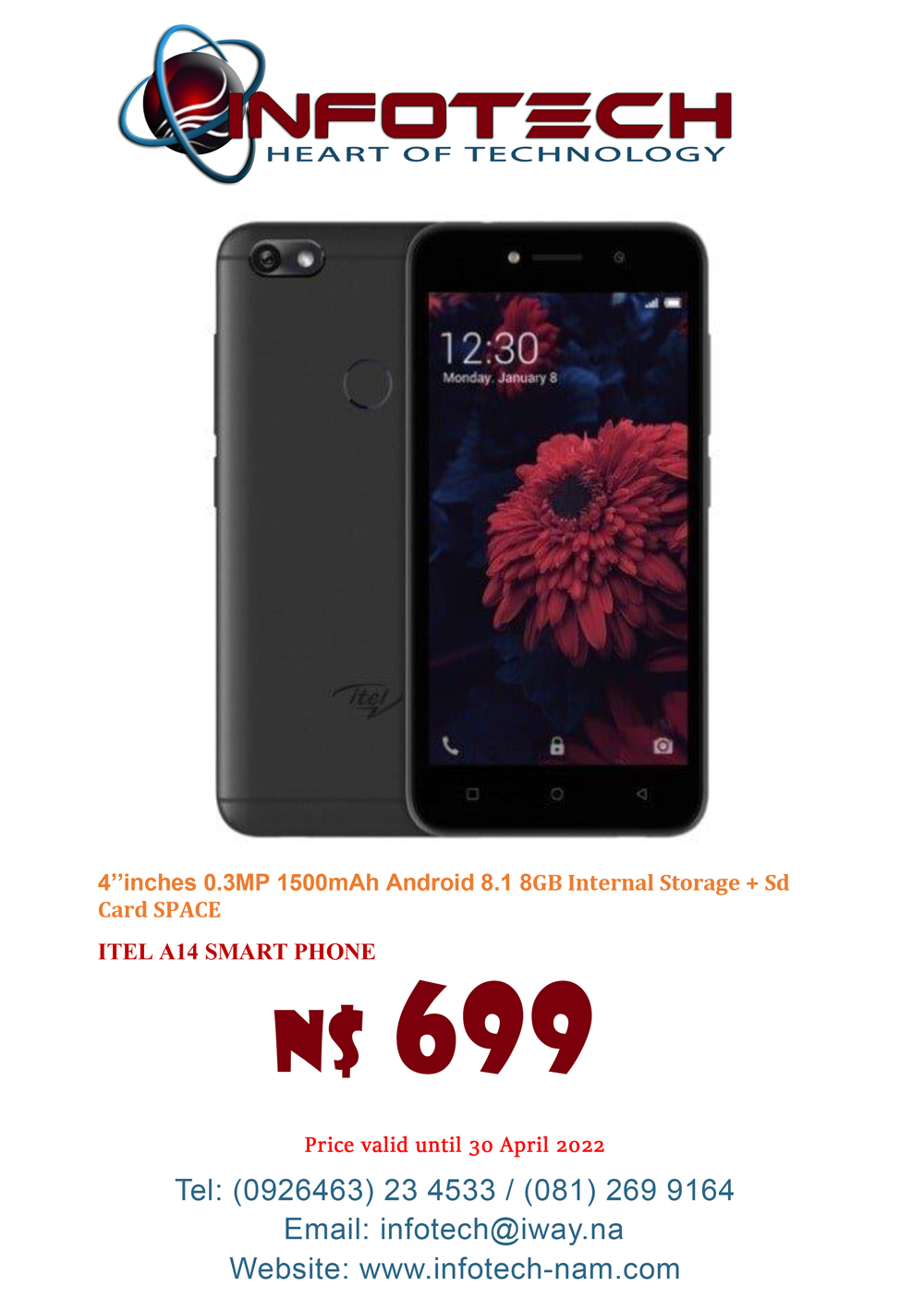 Itel A14 smart phone for sale at Infotech in Oranjemund.